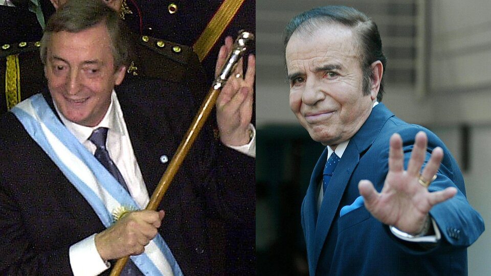 Néstor Kirchner con el bastón presidencial tras la baja de Carlos Menem.